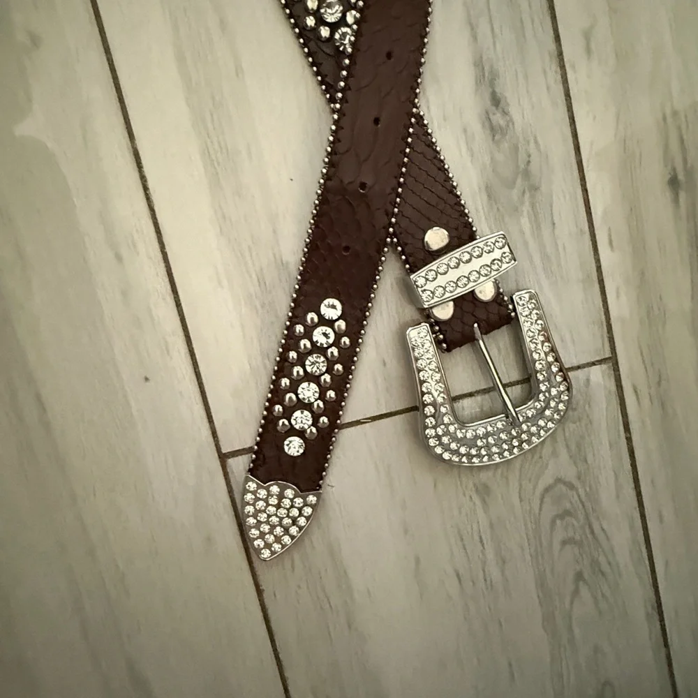 Leather Copper Bronze Fleur De Lis Western RHINESTONE Belt M SM - Picture 2 of 11